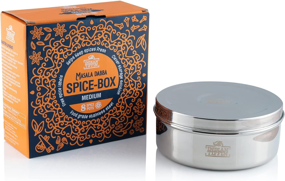 Indian Tiffin Masala Dabba Luftdichter Gewürzbehälter - Lebensmittelqualität aus Edelstahl - mit Gew