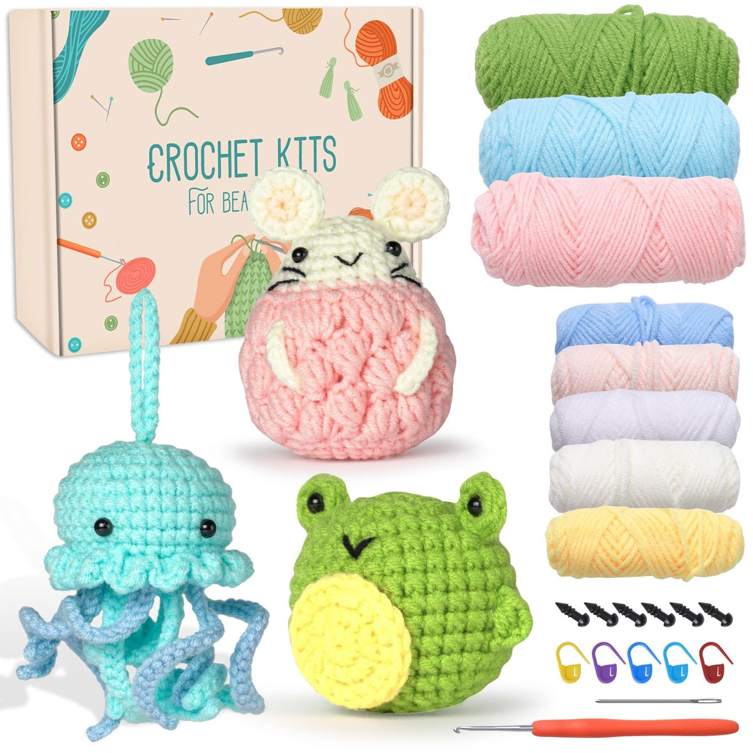 Jodimitty Häkelset Tiere Häkeln für Anfänger Erwachsene 3 Stück (Quallen & Hamster & Frosch) All-in-