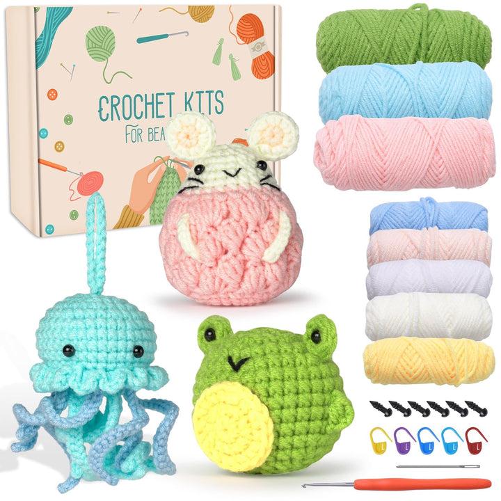 Jodimitty Häkelset Tiere Häkeln für Anfänger Erwachsene 3 Stück (Quallen & Hamster & Frosch) All-in-