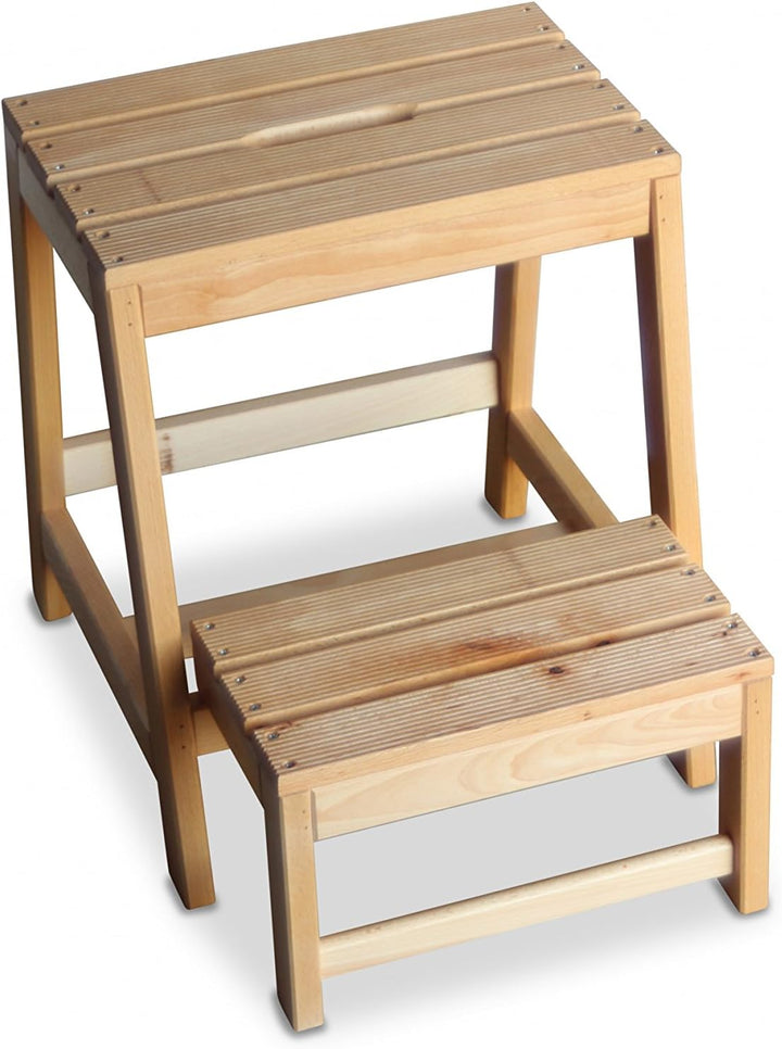 GartenDepot24 Stabiler Tritt Hocker aus Buchenholz mit 2 Stufen, klappbar, Natur, B38 x T54 x H45 cm