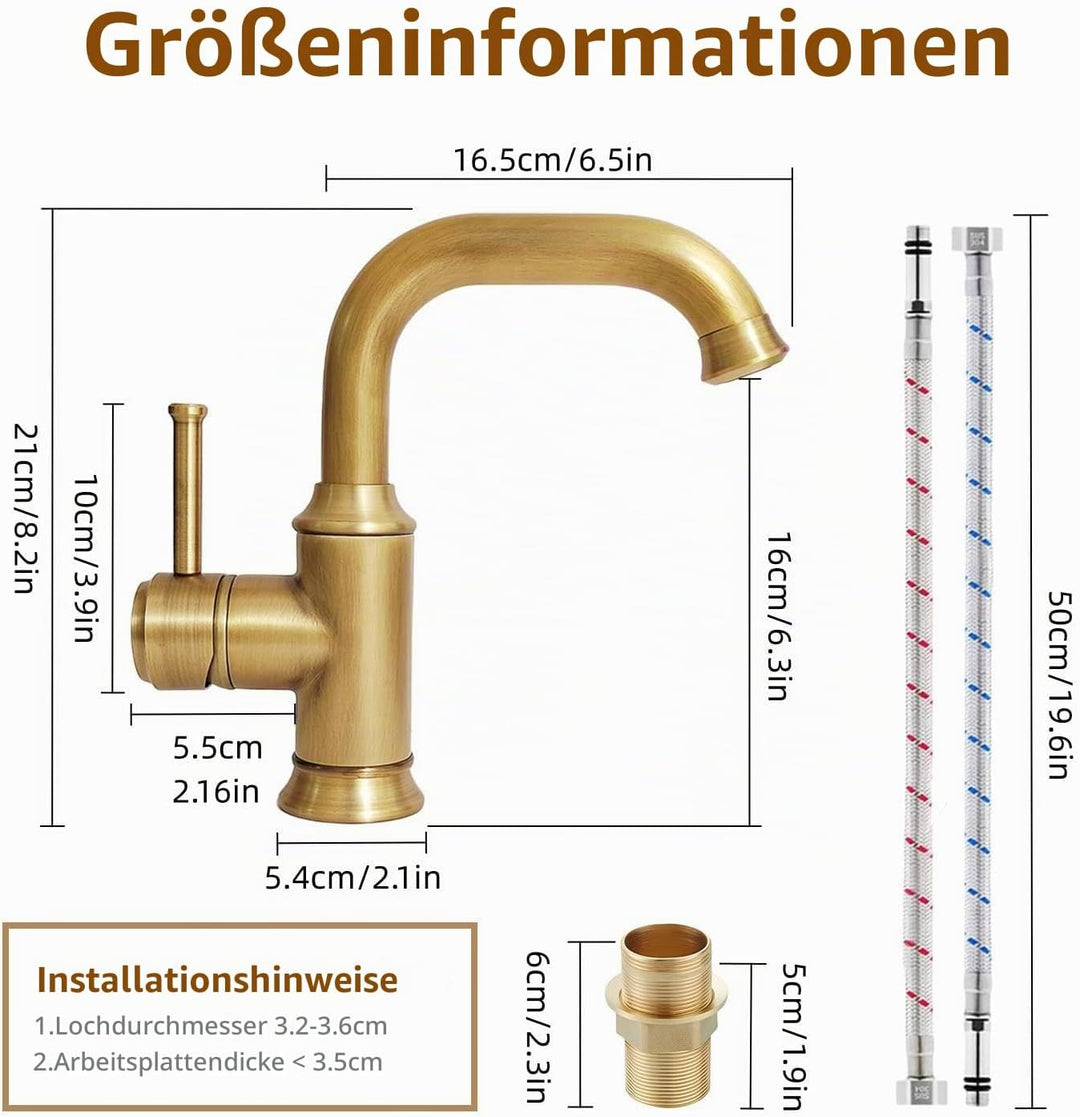 Wasserhahn Bad Antik Messing, Retro 360° Schwenkbar Waschtischarmatur,Einhebel Mischbatterie Waschbe