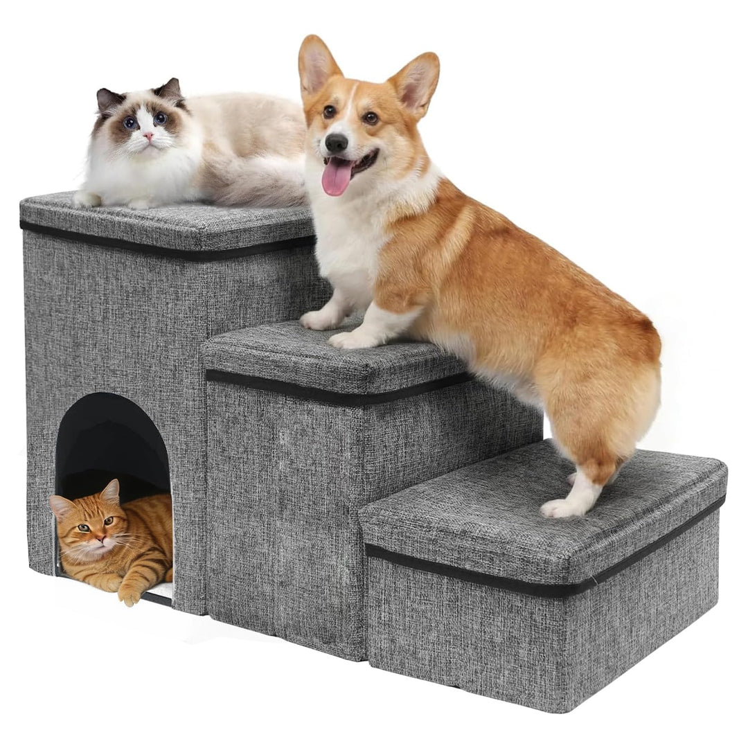 Hundetreppe für Kleine Hunde 3 Stufen - Haustiertreppe mit Stauraum - Breite Dog Stairs Faltbare mit