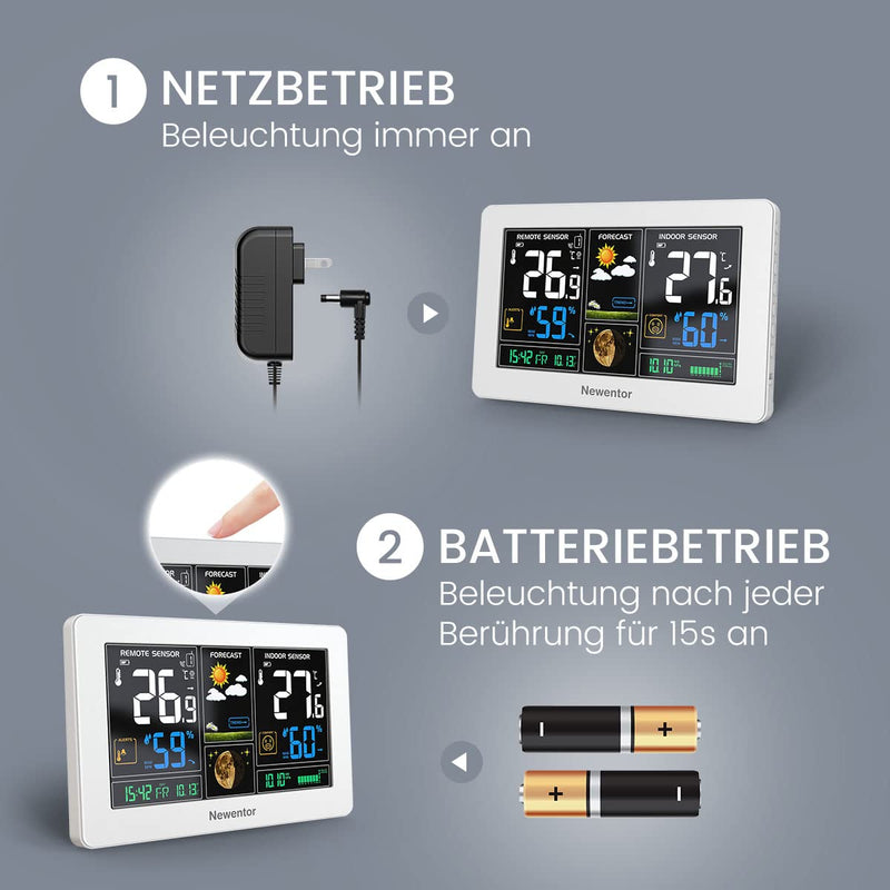 Newentor Wetterstation Funk mit 3 Aussensensoren - Funkwetterstation mit Wettervorhersage, Temperatu