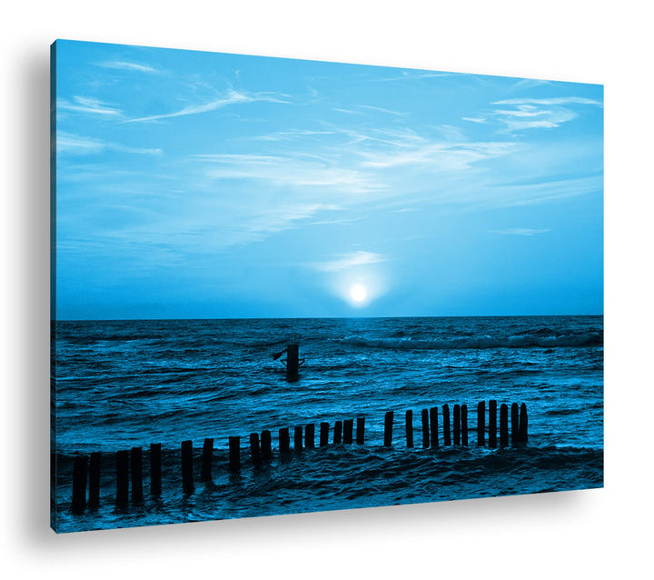 Sonnenuntergang an der Ostsee Format 80x60 Effekt: Monocrome Blau als Leinwandbild, Motiv fertig ger