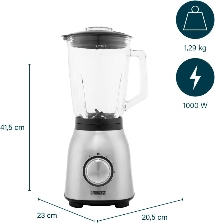 Princess Standmixer - 4 Geschwindigkeitsstufen, Impuls-Funktion, 6 Klingen, 1000 Watt, 1,5 Liter Gla