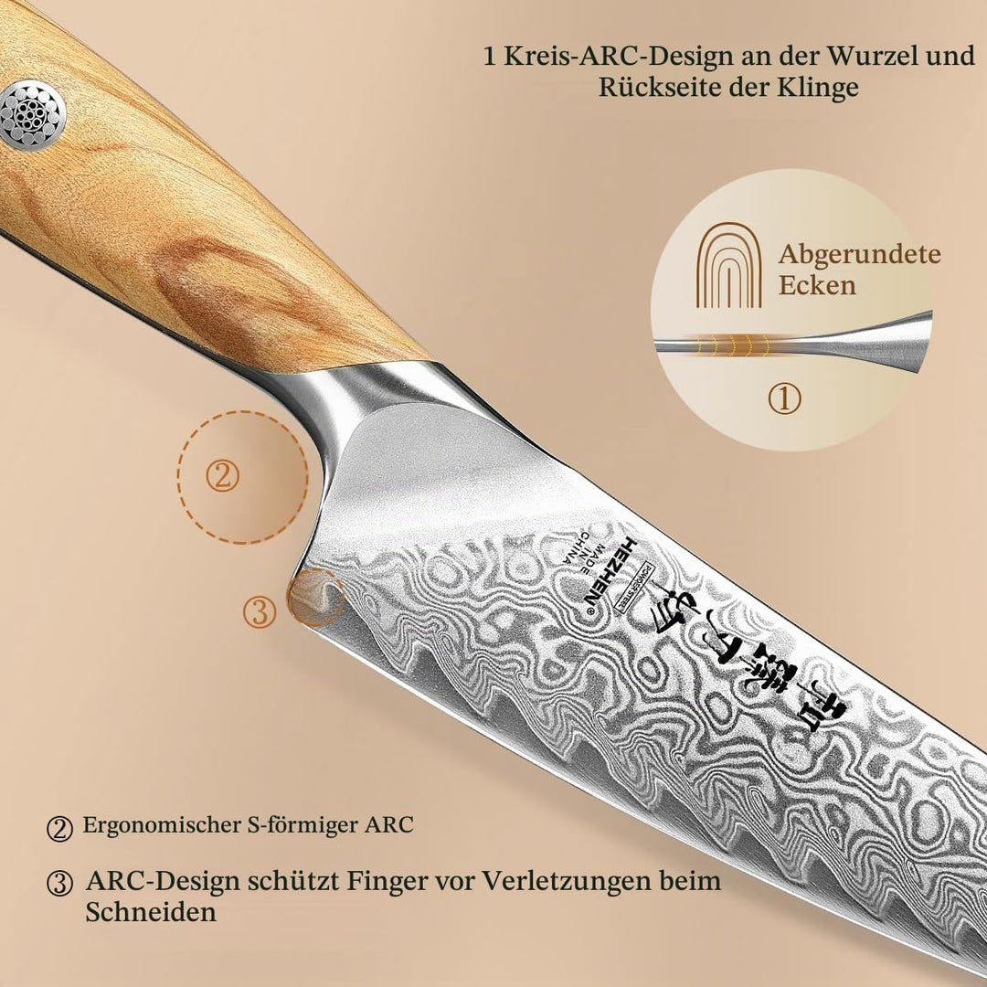 HEZHEN Damast Allzweckmesser, Damastmesser Küchenmesser, Damaskus Stahl Universalmesser, Full Tang G