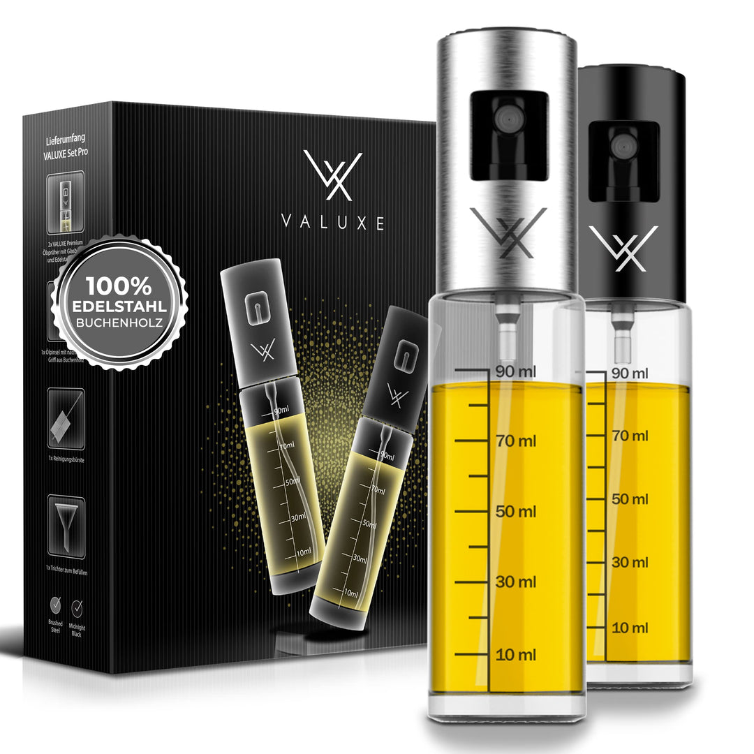 VALUXE® Ölsprüher - Das ORIGINAL - Extrem präzise Öl-Sprühflasche aus Edelstahl und Glas - Multifunk