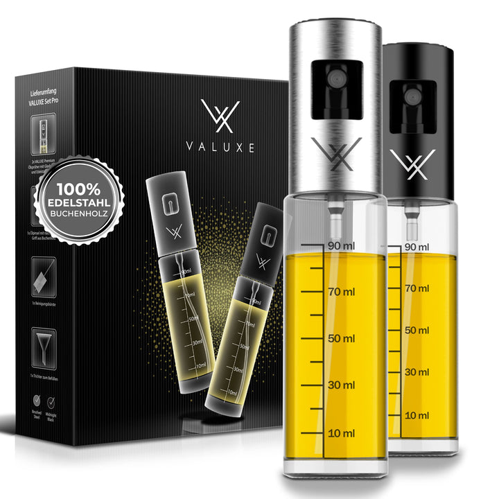 VALUXE® Ölsprüher - Das ORIGINAL - Extrem präzise Öl-Sprühflasche aus Edelstahl und Glas - Multifunk