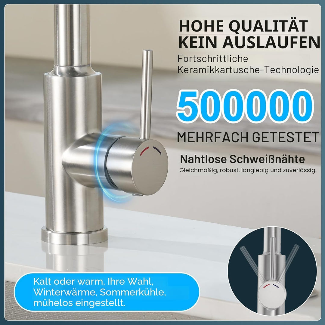 Wasserhahn Küche,Küchenarmatur Edelstahl,Ausziehbar Brause,4 Sprühfunktionen,Hoher Auslauf（187mm),36