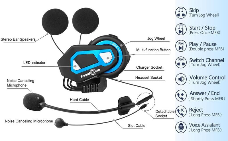 FreedConn T-Max Pro Motorrad Bluetooth Headset, Helm Intercom, Kommunikationssystem für bis zu 6 Mot