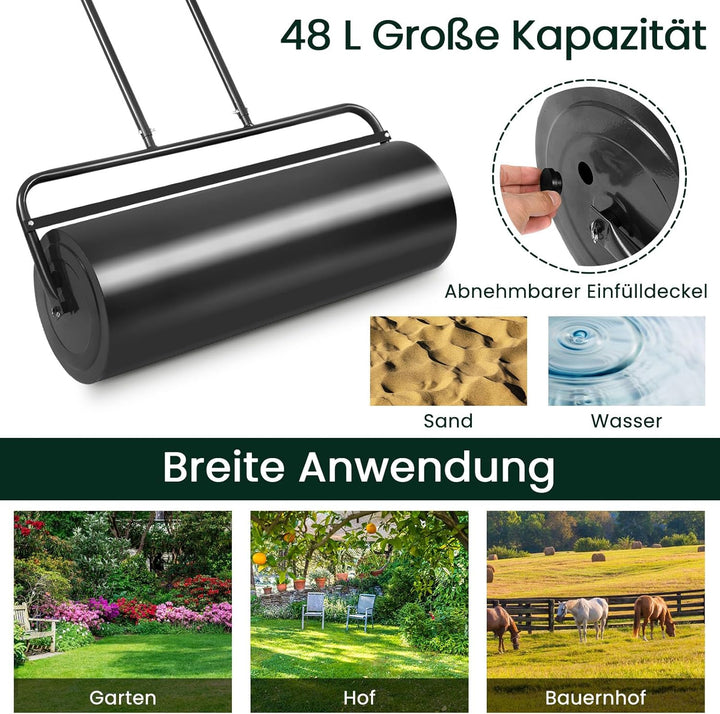 GOPLUS Rasenwalze, 48L/63L Gartenwalze befüllbar mit Wasser & Sand, Rasenroller aus Metall, Graswalz