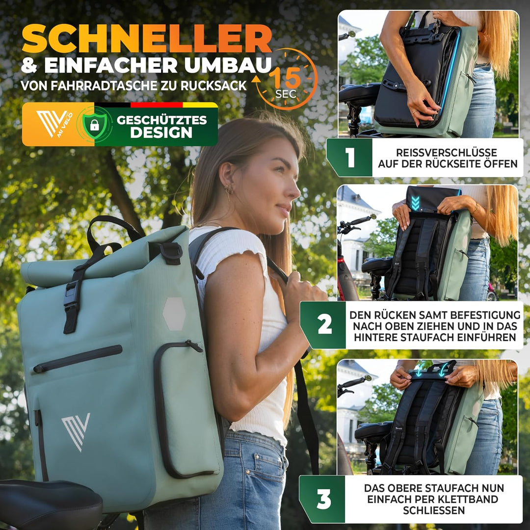 MIVELO 3in1 Fahrradtasche für Gepäckträger I Rucksack &amp; Gepäckträgertasche hinten - in 15 Sekunden u