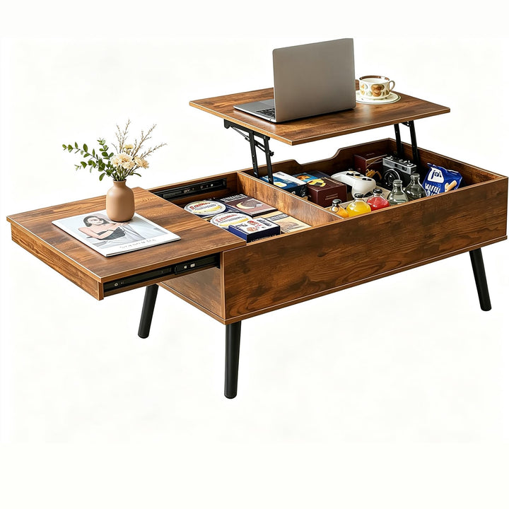 JanflyHome Couchtisch Höhenverstellbar, Couchtisch mit Stauraum, Schiebeplatte, 2 Separates Versteck