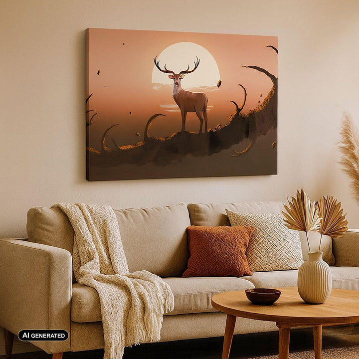 Bilder auf Leinwand Hirsch Geweih Hörner Leinwandbild mit Rahmen 70x50cm Wandbilder Dekoration Wohnz