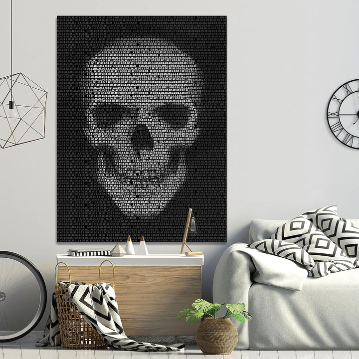 wandmotiv24 Totenkopf Wandbild aus Acrylglas, Grösse 100x75cm, Hochformat, Schädel Binär Code, Schwa