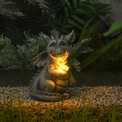 TERESA'S COLLECTIONS Gartenfiguren für Aussen Drachen Figuren Solarleuchte sitzender Drache Gartenfi