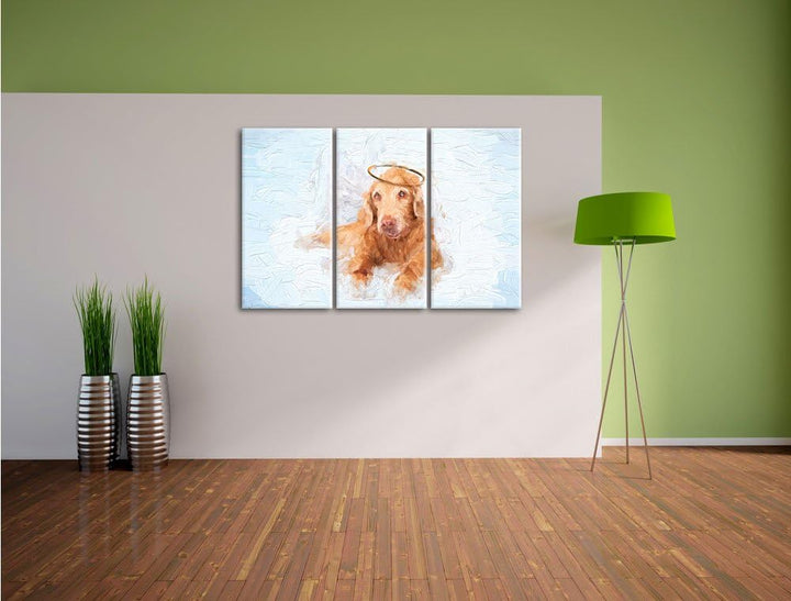 Pixxprint Süsser Hundeengel auf Einer Wolke im Himmel Kunst Pinsel Effekt 3-Teiler Leinwandbild 120x