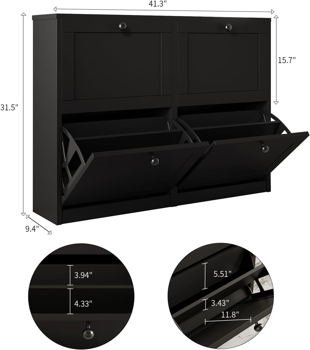 VOWNER Schuhschrank Schuhkipper Schmal 105x24x80cm (Schwarz) | Schuhregal mit 4 Klappen, 8 Fächern,