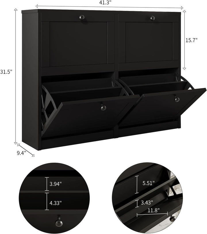 VOWNER Schuhschrank Schuhkipper Schmal 105x24x80cm (Schwarz) | Schuhregal mit 4 Klappen, 8 Fächern,