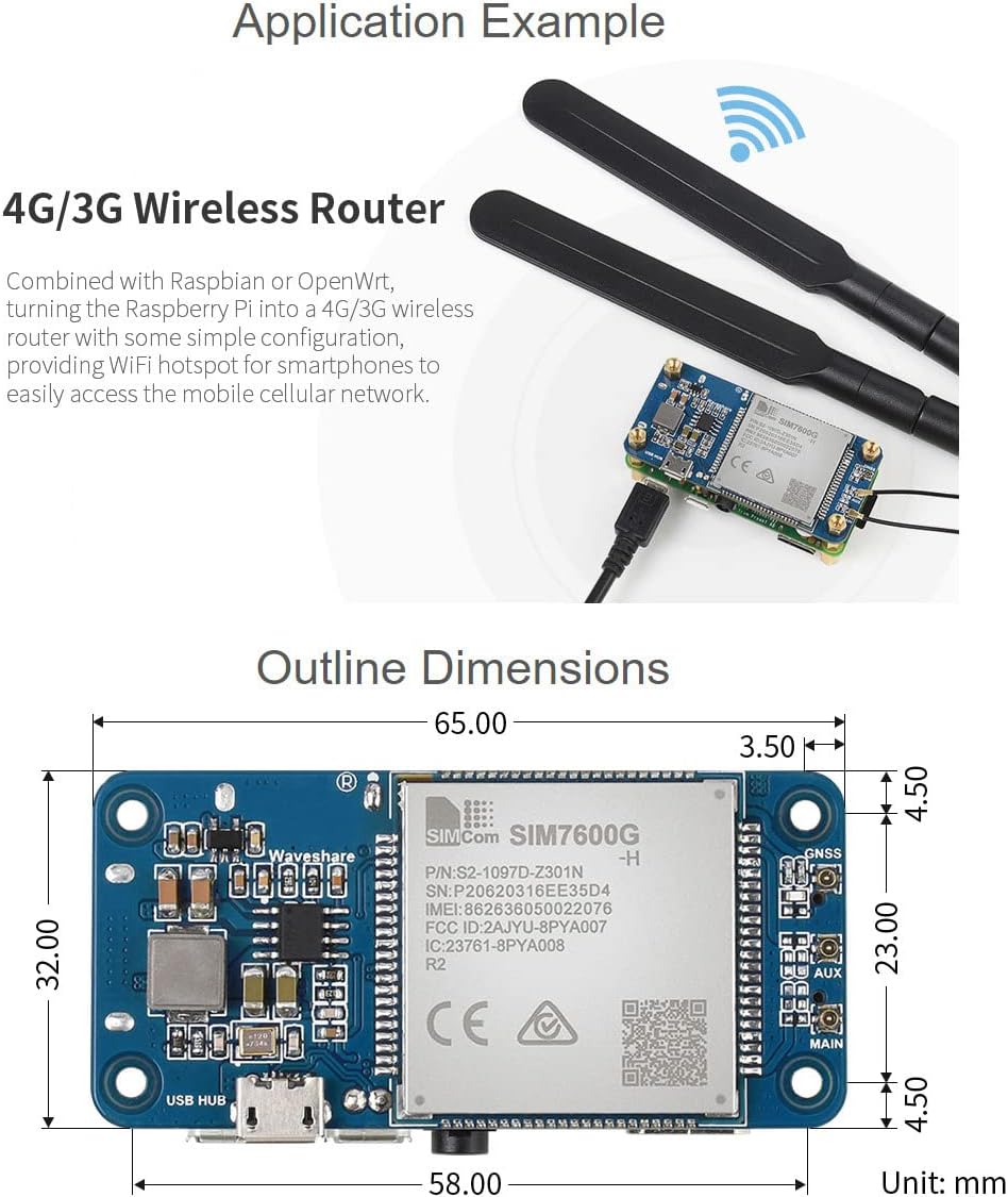 Waveshare SIM7600G-H 4G HAT (B) for Raspberry Pi Supports LTE Cat-4 4G/3G/2G GNSS Positioning Global