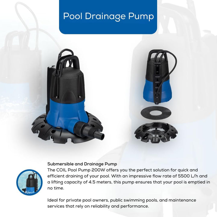 COIL Poolpumpe 200W - Hochleistungs Schwimmbadpumpe, Entwässerungspumpe 5500 l/h, 5m Hebekapazität -