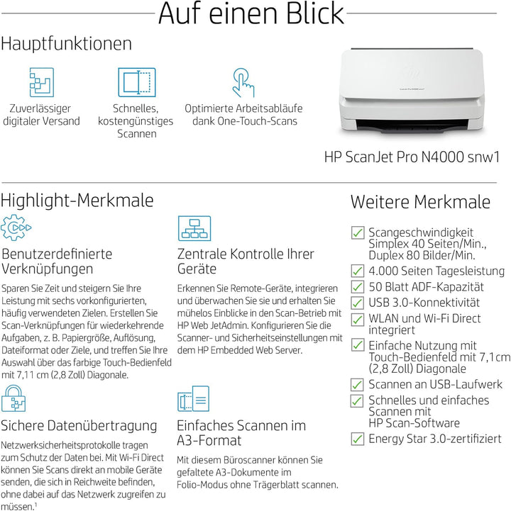 HP ScanJet Pro N4000 snw1 (Scanner, Einzelblattzufuhr, 50-Blatt ADF, WLAN, LAN, USB)