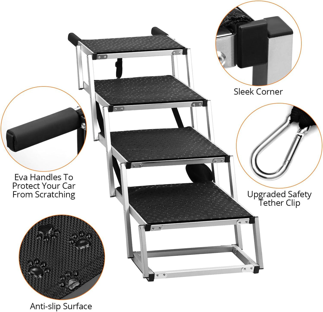 QWORK® 4-Stufen Klappbar Hundetreppe Auto, Anti-Rutsch Einstiegshilfe Auto für Kleine & Grosse Hunde