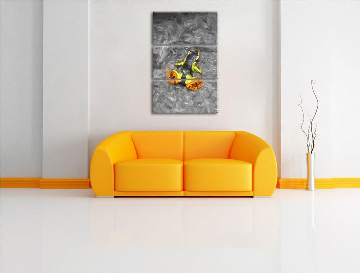 winziger Färberfrosch auf Waldboden schwarz/weiss Spezial 3-Teiler Leinwandbild 120x80 Bild auf Lein