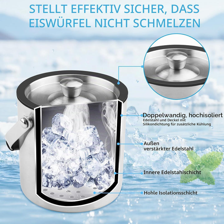 1.6L Eiswürfelbehälter, Eisbehälter mit Deckel, Eiskübel mit Clips und Sieb, Eiswürfelbehälter Edels