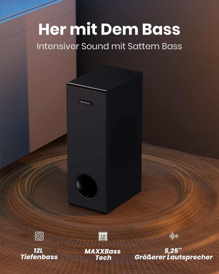Soundbar für TV mit Subwoofer, PC, Gaming, 2.1 CH MEVOSTO 2025, verbesserte TV-Soundbar, tiefer Bass