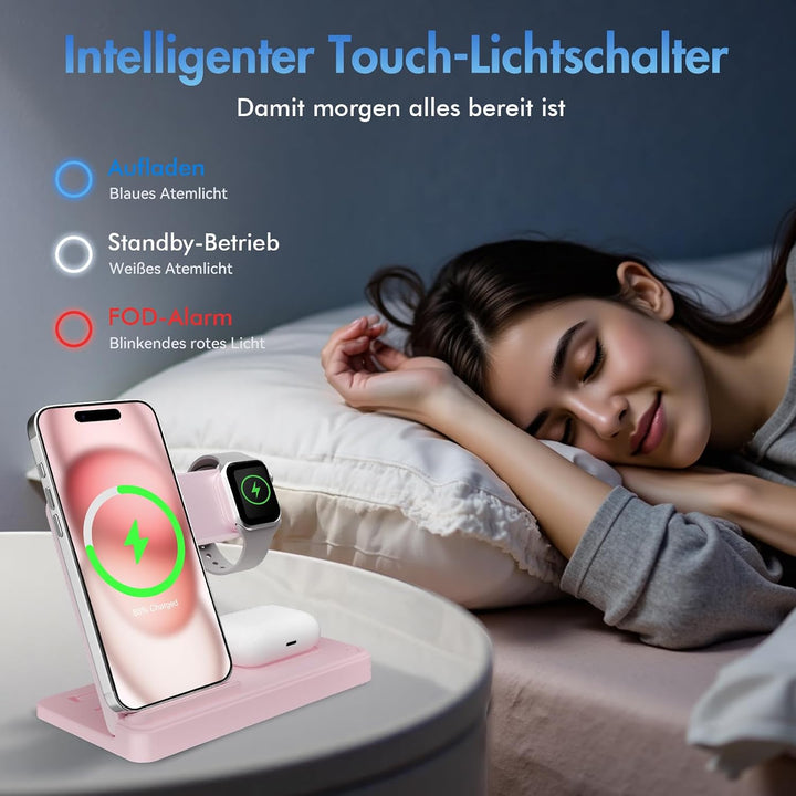 3 in 1 Ladestation Kabellos, 15W Induktive Schnellladegerät für iPhone A03 Rosa, A03 Rosa