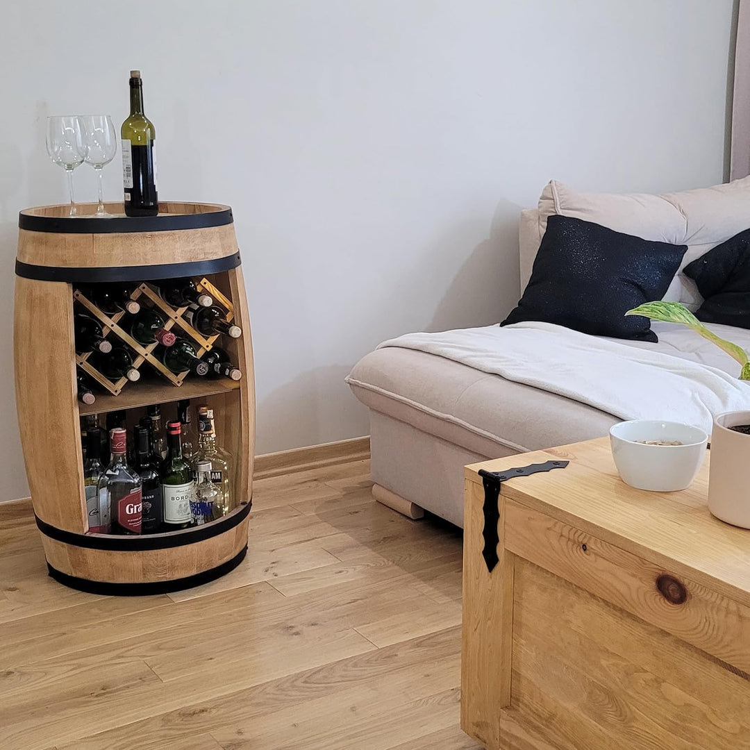 weeco Fassbar mit Weinhalter und LED Beleuchtung - Holzfass Hausbar 80cm. Rustikaler deko Barschrank