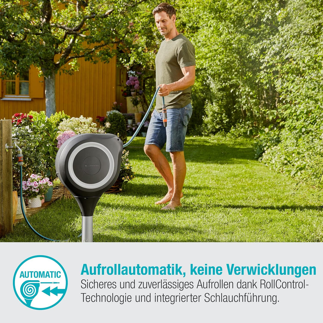 GARDENA Garten-Schlauchbox RollUp M (weiss) 20 m, Schwenkbare Schlauchbox, integrierte Schlauchführu