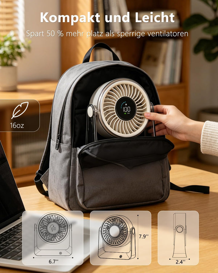 Tischventilator, USB Ventilator Akku, 6 Geschwindigkeiten Leise Ventilator mit LED Display, 360 ° Dr