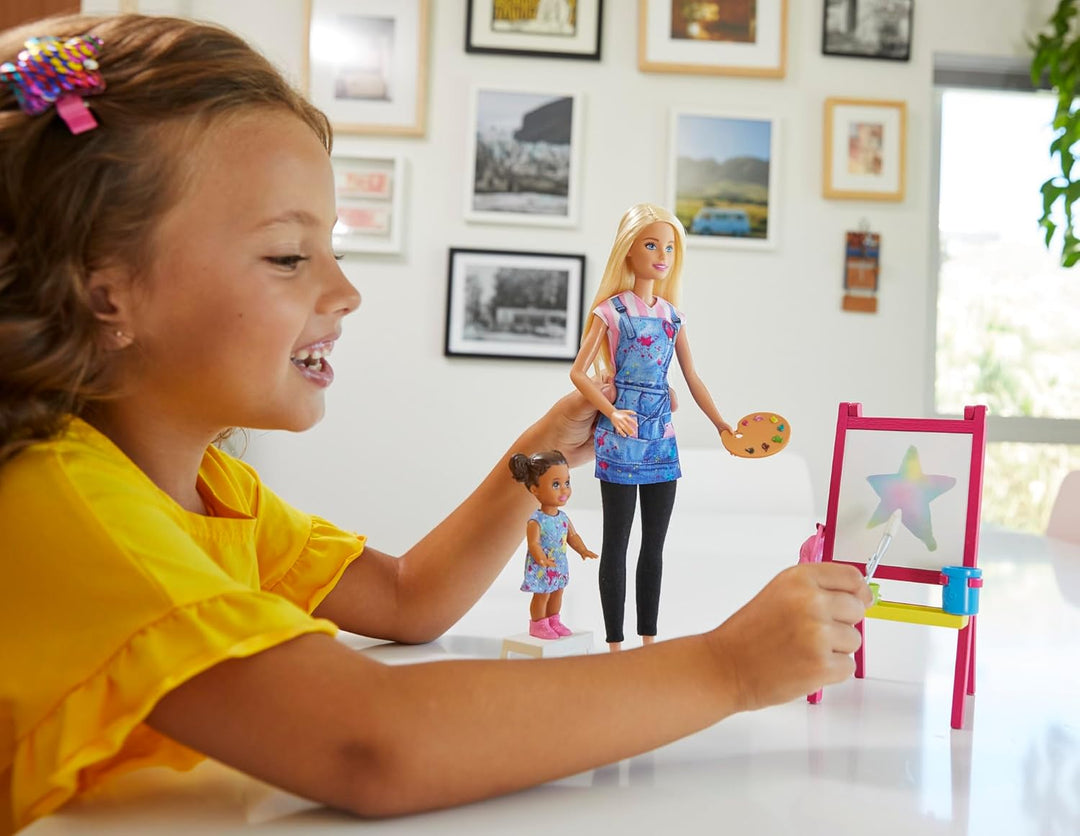 Barbie GJM29 - Kunstlehrerin-Spielset, Puppe (blond), Kleinkind-Puppe, Staffelei mit Farbwechsel-Eff