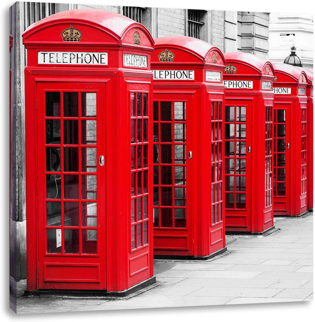 Pixxprint rote Londoner Telefonzellen als Leinwandbild/Grösse: 70x70 cm/Wandbild/Kunstdruck/fertig b