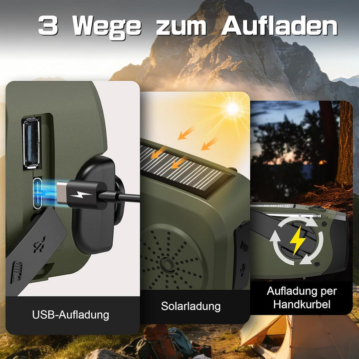 Notfall Kurbel Radio, 2000mAh/7400mWh Akku Kurbelradio Solar Batterie Power Bank USB AM/FM Radio mit