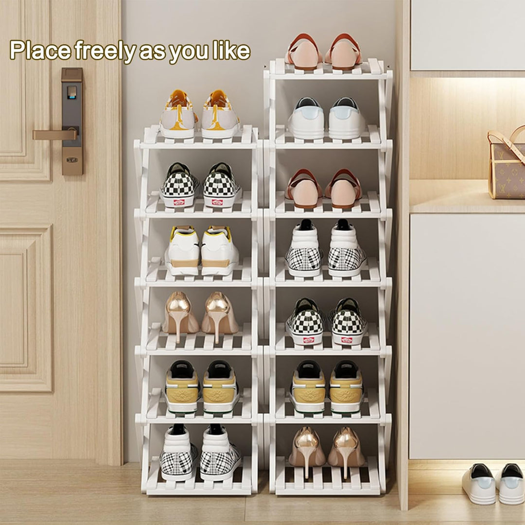 Kleines Schuhregal, weiss, 6 Etagen, Bambus, faltbar, Schuh-Organizer, freistehendes Regal für Einga