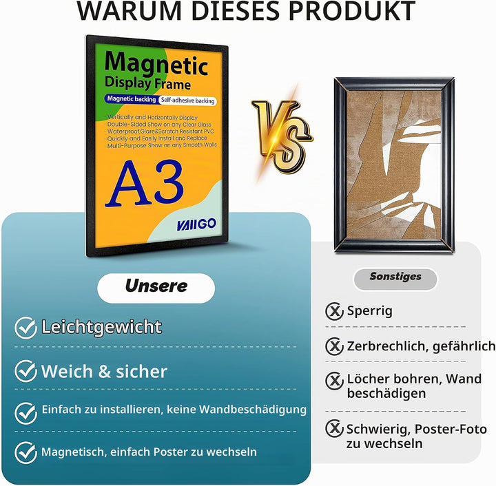 VAIIGO Magnetrahmen Info-Rahmen Selbstklebend mit Magnetverschluss für Informationsrahmen DIN A3 For