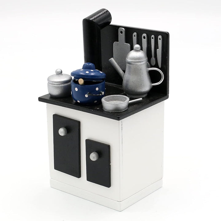 Dekohelden24 Holz Räucherofen mit Küchenutensilien in schwarz-weiss, L/B/H ca. 9 x 7 x 15 cm, 15 cm