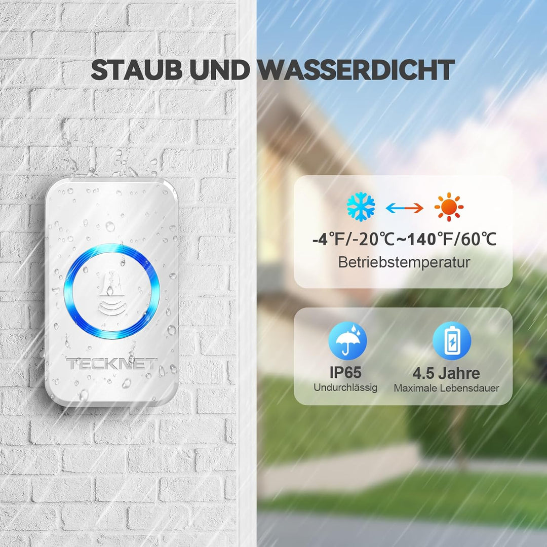TECKNET Funk Türklingel, Wasserdicht Funkklingel Set, Kabellose Türklingel, 60 Melodien, 400m Reichw
