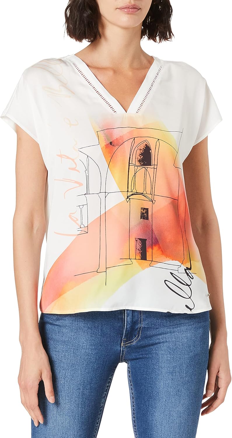 Taifun Damen Blusenshirt mit Front-Print Kurzarm, überschnittene Schultern Gemustert 42 Offwhite Gem