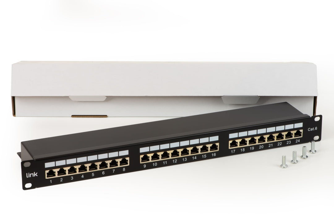Netzwerk-Patchpanel mit 24 RJ45-Ports CAT 6 geschirmt 19" schwarz