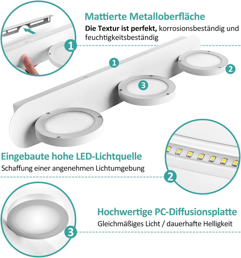 EMKE led Spiegelleuchte 50cm 3 Licht Spiegellampen 15W 975LM Spiegelleuchte bad, Warmweiss 4000K wan