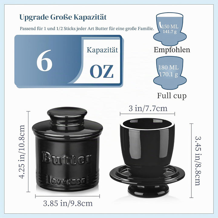 Porzellan Buttertopf für Theke, LOVECASA Butterhalter mit Wasserlinie, französische Butterdose mit D
