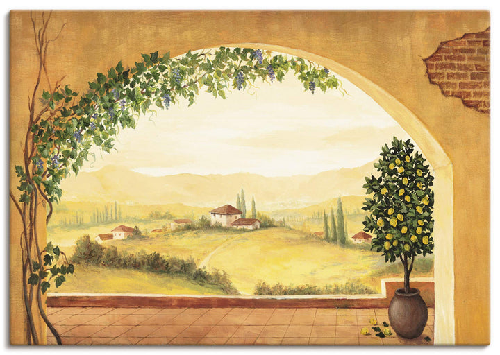Artland Leinwandbild Wandbild Bild auf Leinwand 100x70 cm Wanddeko Fensterblick Fenster Toskana Land