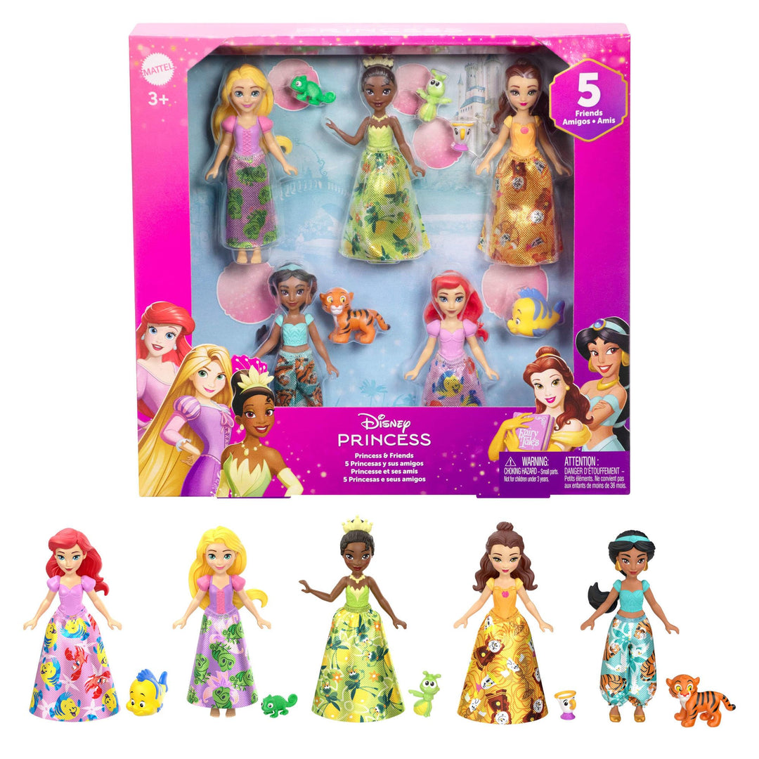 Mattel Disney Princess und Freunde Set mit 5 beweglichen kleinen Puppen mit abnehmbaren Röcken oder