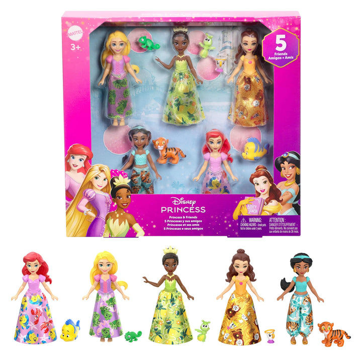 Mattel Disney Princess und Freunde Set mit 5 beweglichen kleinen Puppen mit abnehmbaren Röcken oder