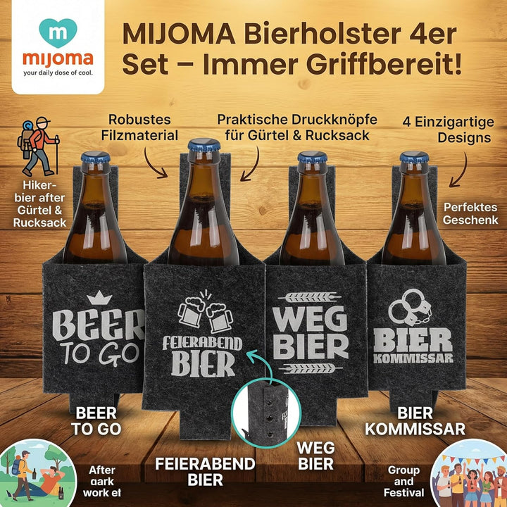 MIJOMA Bierholster 4er Set aus Filz – Bierhalter für Gürtel – tragbares Flaschenholster für unterweg