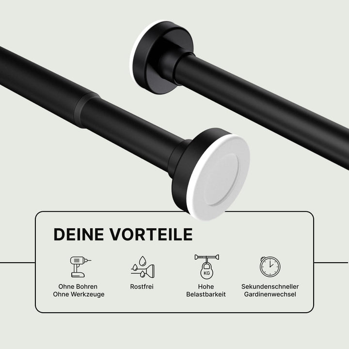 Teleskopstange zum Klemmen - Schwarz, Ø 25 mm, 2Stück - Vorhangstange ohne Bohren für Gardinen, Bäde